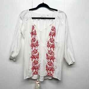 CJ Laing Bohemian Embroidered Women's Long Sleeve White Gauzy Top Size Large